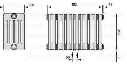 Схема (чертеж) Радиатор Zehnder Charleston 6045/12 №5410 Белый глянцевый RAL 9016